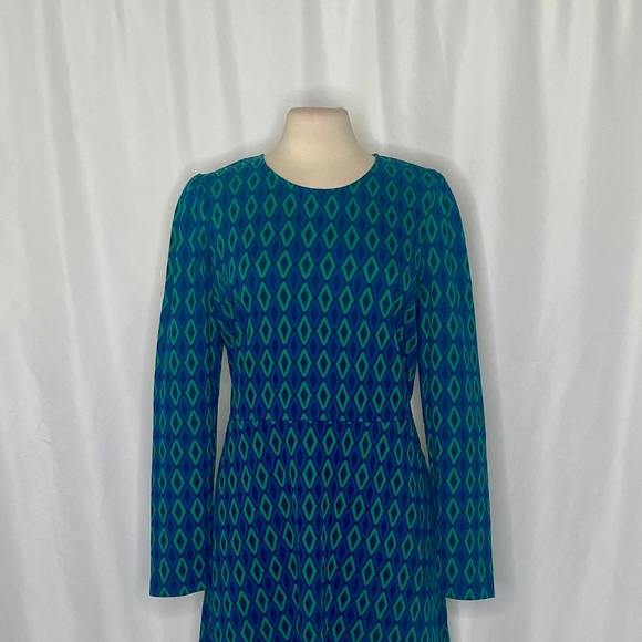 BODEN Jacquard Knit Atlantic Azure Diamond Print Dress Puff Sleeves Size 16 18 - Picture 4 of 16